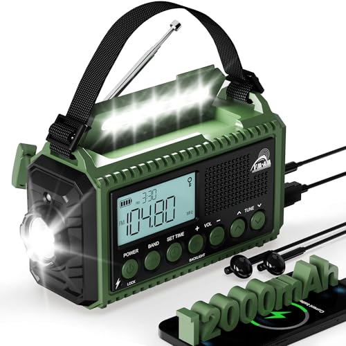 12000 mAh Kurbelradio, Solar & Kurbel Notfallradio, Tragbares Retro Radio mit Weltempfänger, AM/FM/SW Radio, Als Taschenlampe & Leselicht, USB Handy-Lader, SOS Alarm, Für Camping, Notfall, Blackout