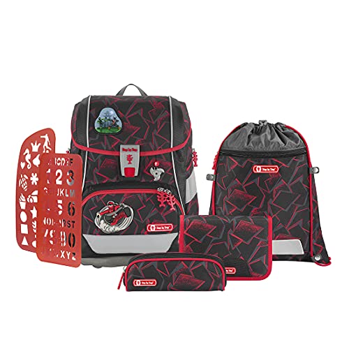 Step by Step Schulranzen-Set 2IN1 Plus Ninja Yuma, 6-teilig, schwarz-rot, ergonomischer Tornister mit Reflektoren, höhenverstellbar mit Hüftgurt, für die 1. bis 4. Klasse, 19L