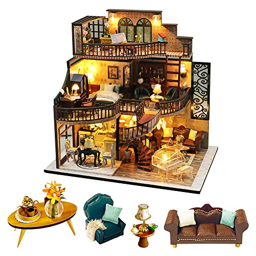 CUTEBEE Puppenhaus Miniatur mit Möbeln, Idee DIY hölzernes Puppenhaus-Kit mit LED-Licht, Staubschutz und Spieluhr, Maßstab 1:24 kreativer Raum M2132