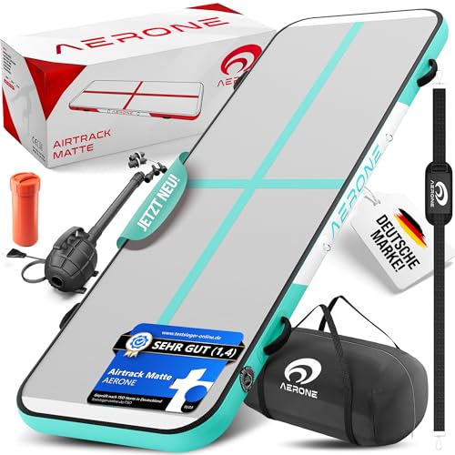 AERONE Airtrack Turnmatte Aufblasbar | Air Tracking Matte 3m [Zubehör Schultergurt Tragetasche Luftpumpe] Air Track für Turnen Gymnastik Zuhause Outdoor Pool | Mint