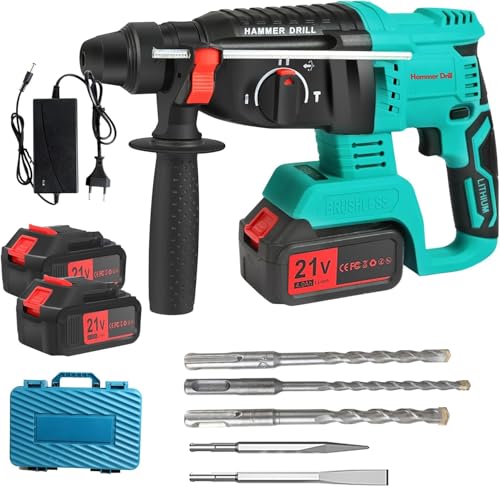 Akku Bohrhammer 21V mit 4000mAh*2 Akkus und Ladegerät, Bürstenloser Bohrhammer Motor, Anti-Vibrationsgriff, zum Bohren, Hammerbohren & Meißeln, Geeignet für Beton, Mauerwerk, Wände