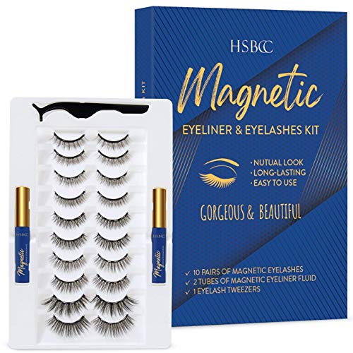 Magnetische Wimpern mit Eyeliner Set, 3D magnetische Wimpern Kit mit 10 Paaren wiederverwendbare falsche Wimpern natürlichen Look, Magnetic eyelashes, Pinzette und Eyeliner, einfach zu tragen