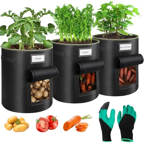 Airminti 3er-Set Pflanzsack 38L (10 Gallonen) für Kartoffeln & Tomaten – Atmungsaktive Pflanzbeutel mit verstärkten Griffen, Sichtfenster & Gartenhandschuhe