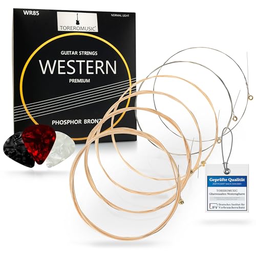 TOREROMUSIC® - Gitarrensaiten Akustikgitarre (011-052). Premium Stahlsaiten im 6-Saiten-Set für Western-Gitarre und Akustikgitarre inklusive 3 Plektren.