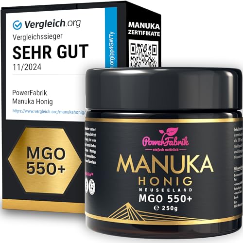 Manuka Honig | MGO 550+ | 250g | Das ORIGINAL aus NEUSEELAND | IM GLAS | PUR, ROH & ZERTIFIZIERT | Premium Qualität 100% natürlich | PowerFabrik
