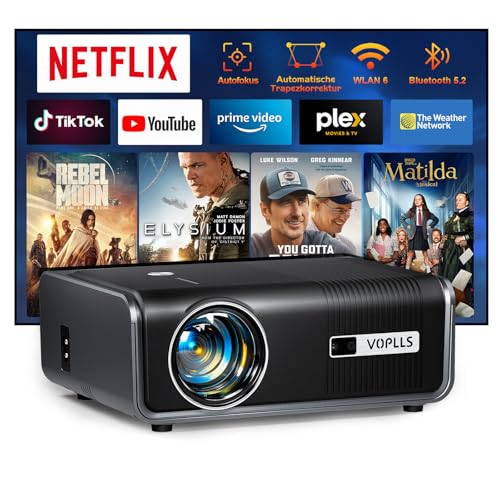 Smart Beamer【Netflix Official/Autofokus Trapezkorrektur】 Full HD 1080P 25000L Beamer 4K Unterstütz, VOPLLS WIFI6 Bluetooth Heimkino Video/Outdoor Beamer für Android/iPhone/Handy Projektor mit Stativ