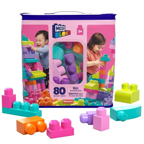 MEGA BLOKS Großer Bausteinebeutel - 80 robuste Bausteine mit wiederverwendbarem Aufbewahrungsbeutel, kompatibel Bloks Bauspielzeugen, für Kinder ab 1 Jahr, DCH62