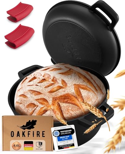 Oakfire Gusseisen Topf 2in1 zum Brot Backen mit Brotkorb - Ø26cm 4,6L - Anti-Haft Patina Pfanne aus Gusseisen - Hochwertiger Schmortopf, Bräter & Brotbackform mit Deckel - Cast Iron Pan mit SpreadHeat