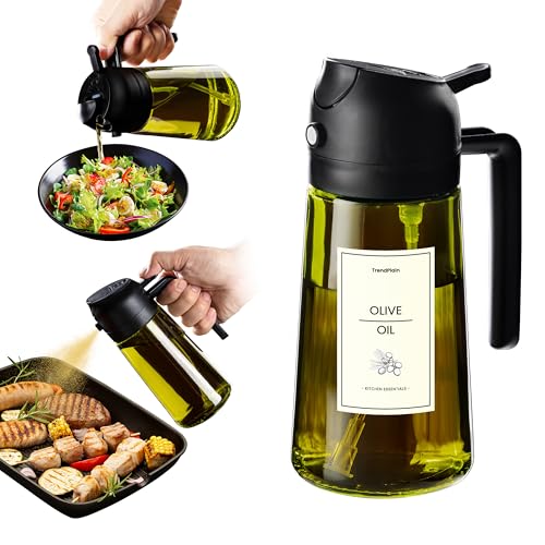 TrendPlain - 470ml Öl Sprühflasche - 2 in 1 Ölspender und Ölsprüher - Ölspray mit Etiketten - Küchen Gadgets für Kochen, Salat und Grill - mit lichtschützendem Design - Schwarz