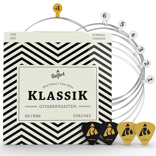 BELFORT® Gitarrensaiten Konzertgitarre, Saiten für klassische Gitarre aus Nylon und Silber, Akustikgitarre (6-Saiten Set) - Inkl. 4 Plektren + extra hoher E-Saite