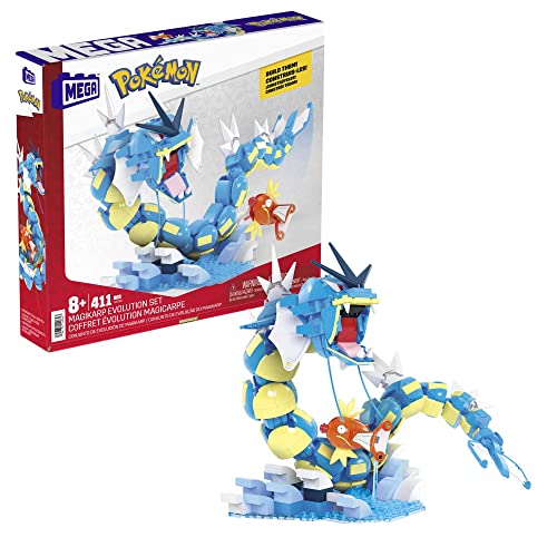 MEGA POKÉMON Karpador Evolutionsset - 411-teiliges Bauset mit Garados und Wasserlandschaft für dynamische Ausstellmöglichkeiten, 12 Verbindungspunkte, für Kinder ab 8 Jahren, HNT95