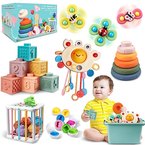Baby Spielzeug für 6 bis 12 Monate, Montessori Spielzeug für Babys, Sensorisches Baby Spielzeug, 6 in 1 Motorikspielzeug, Stapelspielzeug Blöcken und Ringen, passende Eier, Saugnapf-Kreiselspielzeug