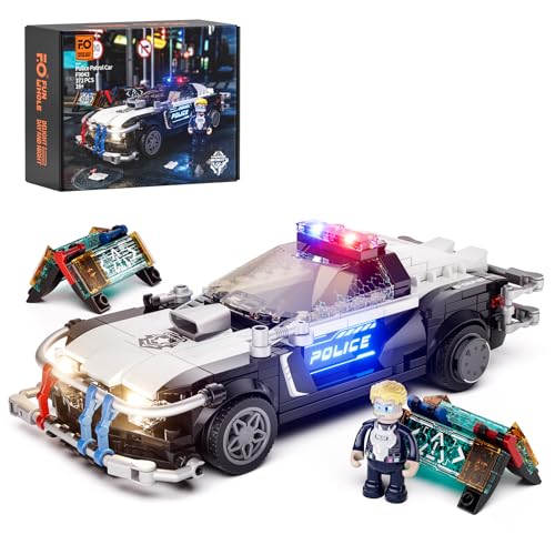 FUNWHOLE Polizeistreifenwagen Beleuchtetes Baustein-Set - Cyberpunk Stadt-Autojagd Spielset mit Polizist, 372 Teile, STEM Spielzeug für Erwachsene und Jugendliche