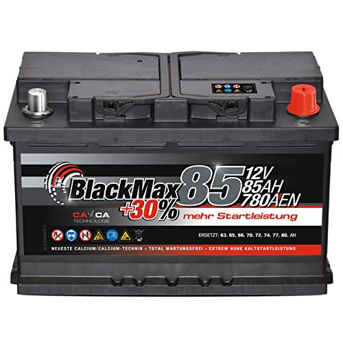 Autobatterie 12V 85Ah BlackMax + 30% Edition Starterbatterie ersetzt 74Ah 75Ah 77Ah 80Ah, kompatible mit PKW