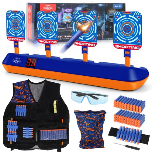 Lehoo Castle Nerf Zielscheibe, Nerf Zielscheibe Elektrisch mit Taktische Weste, 4 Ziele Auto-Reset Zielscheibe für nerf mit Licht, Sounds und Foam Darts Pfeile, Geschenk für Jungen (Blau)