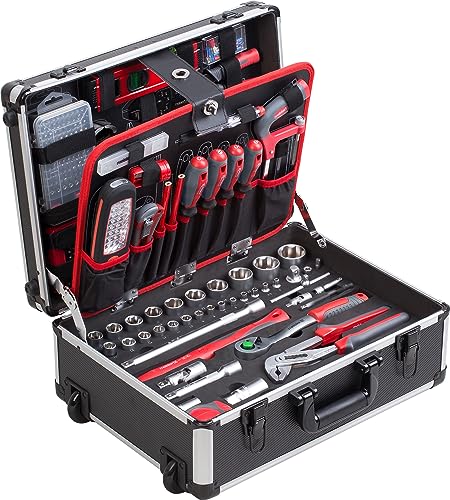 Meister Werkzeugtrolley 230-teilig - Werkzeug-Set - Mit Rollen - Teleskophandgriff/Profi Werkzeugkoffer befüllt/Werkzeugkiste fahrbar auf Rollen/Werkzeugbox komplett mit Werkzeug / 8973740