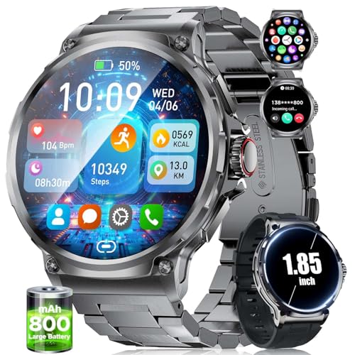 SUNKTA Militär Smartwatch Herren,800 mAh Akku/1,85'' HD-Display-Sportuhr/120+ Sportmodi,IP68 Wasserdicht Großes Fitnessuhr mit Herzfrequenz,SpO2,Schlafmonitor für Android iOS 2 Armbänders