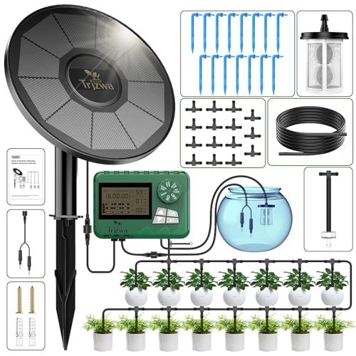 TRJZWA Solar Bewässerungssystem mit Automatischem Bewässerungscomputer 2024 Neueste Version Solar Tropfschlauch Bewässerung für Gärten,Balkone,Gewächshäuser mit 15 m Wasserleitung,15 Tropfer etc
