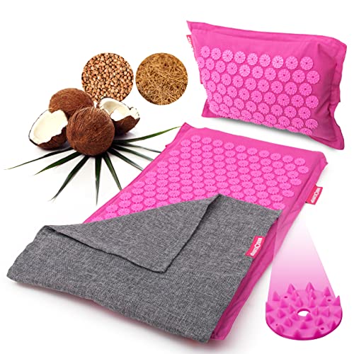NEOLYMP Akupressurmatte mit Kissen inkl. Stuhlbefestigung & Tragefunktion (Pink/Rosa) – Stachelmatte Akupressur Nacken Akupressur Akkupressurmatten Nacken Nadel Matte Akupunkturmatte