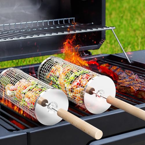 Nestendes Rollendes Grillkorb Set mit Holzgriff (2 Stück, 24cm × 10cm), Rolling Grilling Basket, Grillnetzrohr für Den Außengrill für Gemüse, Grillkorb Edelstahl Zylindrisch, Geschenke für männer