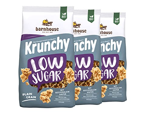 Barnhouse Krunchy Low Sugar Plain Grain, zuckerarmes Bio Hafer-Knuspermüsli aus Bayern, Basis-Sorte, 3 x 375g