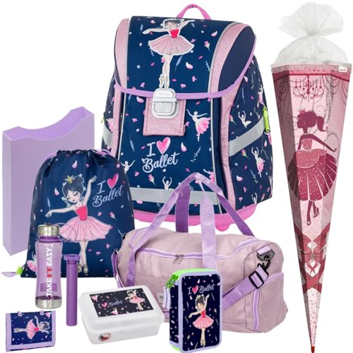 Premium Light Ballerina - Tänzerin - Schulranzen-Set 9tlg. mit Schultüte, Sporttasche, Brustbeutel, Brotdose und Trinkflasche - Heftbox A4 Gratis