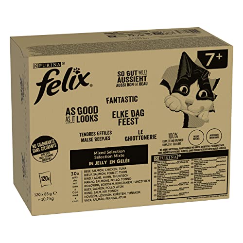 FELIX So gut wie es aussieht Senior Katzenfutter nass in Gelee, Sorten-Mix, 120er Pack (120 x 85g) Rind, Lachs, Huhn, Thunfisch