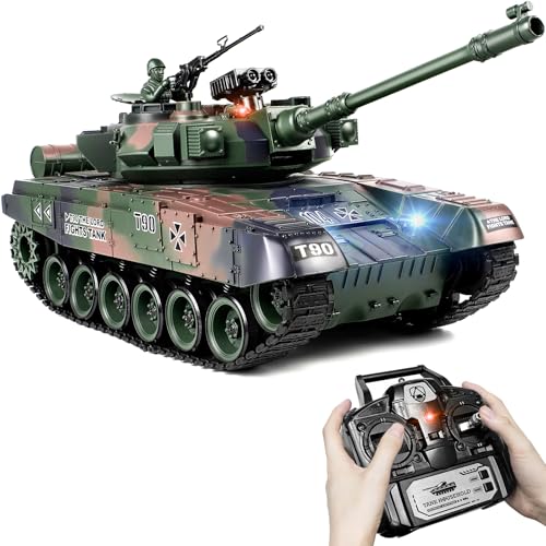 RC Panzer 1/18 Russischer T90, 2.4GHz Panzer Ferngesteuert mit Schussfunktion, WW2 Panzer Modell Panzer Kampfpanzer, mit Rauch, mit Licht und Sound, Panzer Spielzeug für Erwachsene und Kinder