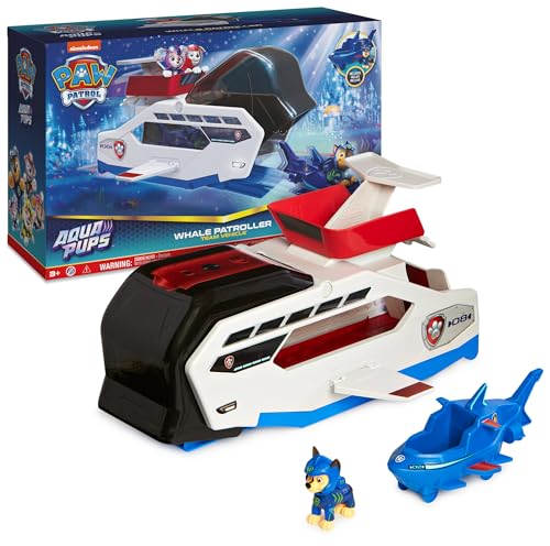 PAW Patrol, Aqua Pups – Whale Patroller, Teamfahrzeug mit Basis Fahrzeug von Chase und Welpenfigur, Abschussvorrichtung für Basis Fahrzeug, Spielzeug geeignet für Kinder ab 3 Jahren