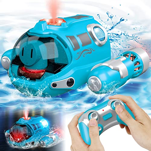 Ferngesteuertes Boot für Kinder RC Boot 2,4 GHz Pool Spielzeug Kinder mit Sprüh-/ Lichtfunktion/ Doppel -Propellern, Wasserspielzeug für Pools Lakes Jungen Mädchen Spielzeug im Freien Geschenke (Blau)