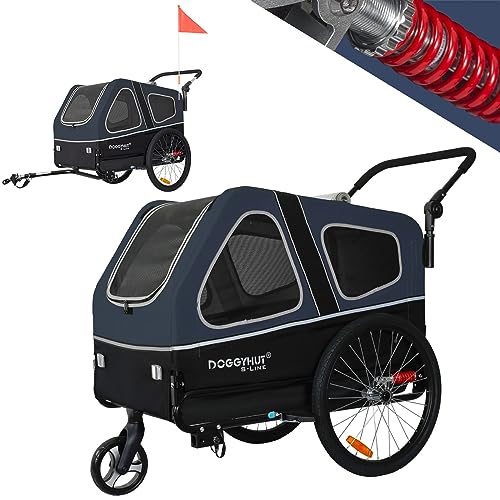 Doggyhut S-Line XL Hundeanhänger & Hundebuggy mit Federung 2 in 1 Hunde Fahrradanhänger Jogger gefedert bis 45 kg (Blau/Schwarz)