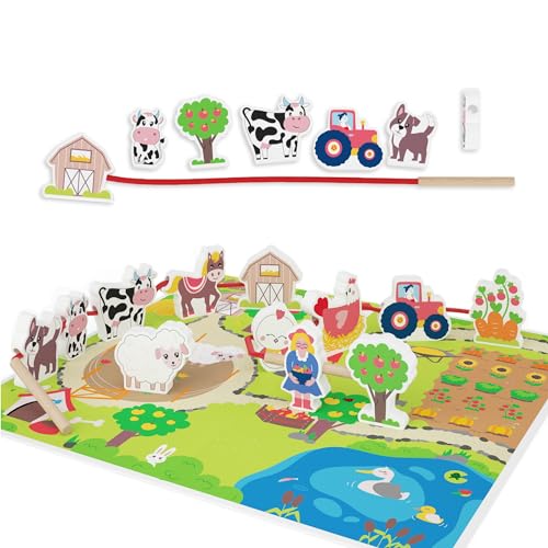 Merle Toys® Fädelspiel ab 2 Jahre aus 100% nachhaltigem Buchenholz, Bauernhof Spielzeug ab 2 Jahre, Motorikspielzeug, Lernspielzeug, Auffädeln Spiel mit 12 großen Holzfiguren und Spielbrett
