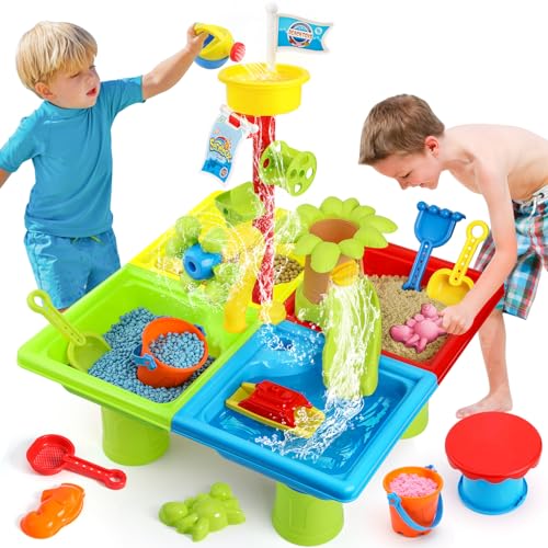 Mini Tudou Wassertisch Kinder Outdoor,4 In 1 Wasserspieltisch mit 33 Stück Wassertisch Zubehör, Aktivität Sand Wassertisch Sommer Outdoor-Spielzeug für Kinder Jungen Mädchen 3 4 5 6 7 8 Jahre Alt