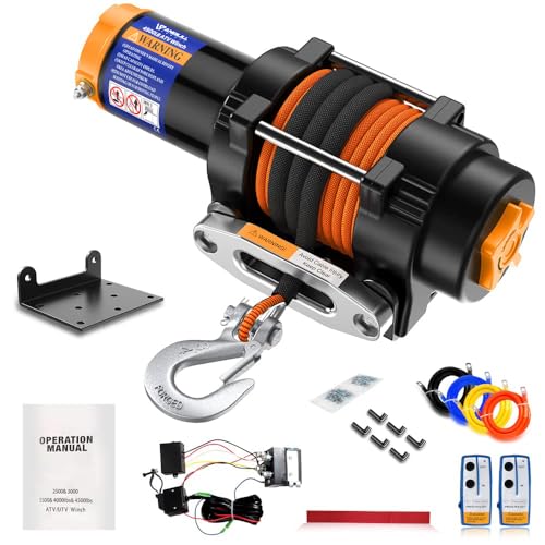 Anbull Elektrische Seilwinde 12V, 4500 LBS/2045 Kg Motorwinde Seilzug, Synthetikseil, Wasserdicht nach IP67, Nylonseil, Mit Montagehalterung und Fernbedienung *2, Kompatibel mit ATV UTV