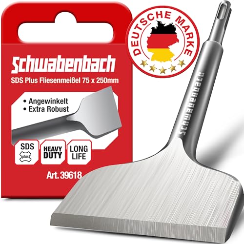 SCHWABENBACH ® Fliesenmeißel abgewinkelt 75 x 250mm SDS Plus - Fliesen entfernen Werkzeug - Ideal zum Abtragen von Verputz - Flachmeißel - Extra Gehärtete Spitze - Bohrhammer Meißel 75mm für Profis