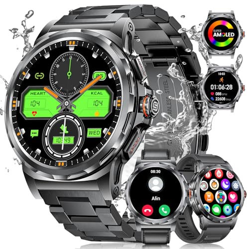 LIGE Militär Smartwatch Herren mit Telefonfunktion, 3 Armbänders, 1,43''AMOLED-Smartwatch mit Herzfrequenz, SpO2, Schlafmonitor, 5ATM Wasserdicht/120+ Sportmodi Outdoor Sportuhr für Android iOS