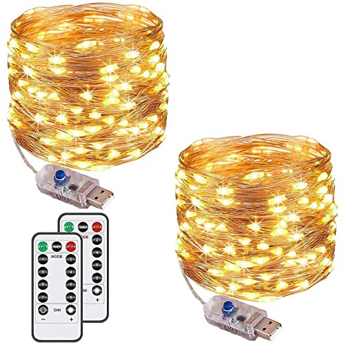 Augone 2 Stück LED Lichterkette mit 120 LEDs, 12M 8 Modi, USB-Stecker, wasserdicht, Kupfer-Lichterkette mit Fernbedienung, Timer für Schlafzimmer, Party, Hochzeit, Weihnachten (warmweiß)