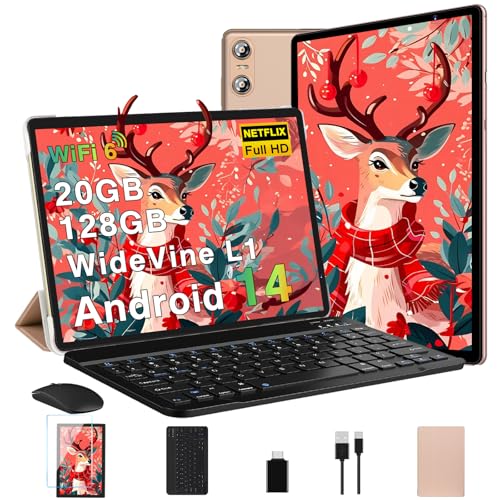 Biegedy Tablet 10 Zoll Android 14 Octa-Core,Tablet PC 20 GB RAM+128 GB ROM (TF1 TB),5G WLAN 6丨Widevine L1丨GMS丨6000mAh丨5MP+8MP丨Bluetooth 5.0丨1280 * 800丨Tablet mit Tastatur Maus Gold
