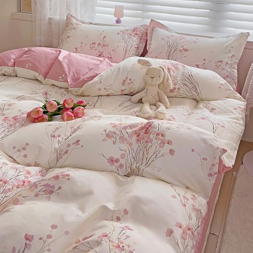 Michorinee Bettwäsche 140x200 2 Teilig Weiß Rosa Blumen Zweige Vintage Pflanzenmuster Bettbezug Blumenmuster Aesthetic Mikrofaser Weich Wendebettwäsche Set mit Kissenbezüge 70x90cm und Reißverschluss