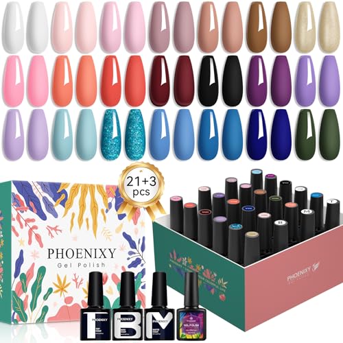 Phoenixy UV Nagellack, 24 Rosa Blau Farben UV Nagellack Set mit Base Top Matt Coat, Gel Nägel Set für Frauen Salon Design zu Hause