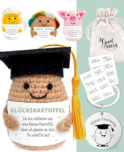 LOViLEE Positive Kartoffel Johann im Geschenkset – Positive Potato inkl. Geschenkbeutel und Pocket Hug - Glücksbringer Prüfung, Du schaffst das Geschenk, Mutmacher Geschenk, Viel Glück Prüfung