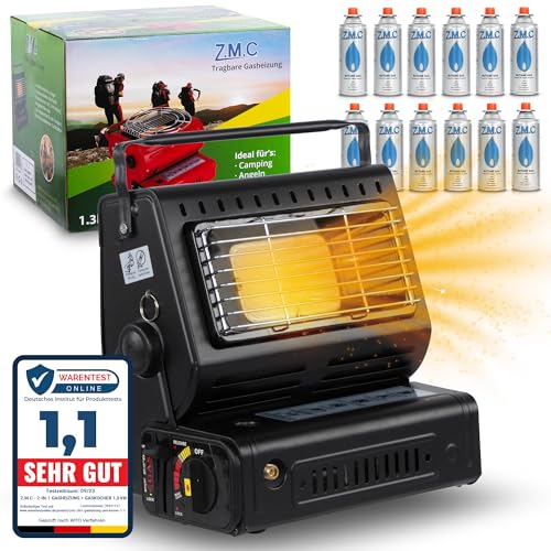 Z.M.C 2-in-1 Tragbare Keramik Gasheizung und Gaskocher 1,3 kW, mit LPG Anschluss + 12 Gaskartuschen, Campingkocher mit Piezozündung, Camping Heizung, Gasheizer für Indoor, Outdoor, Zelten Wohnwagen