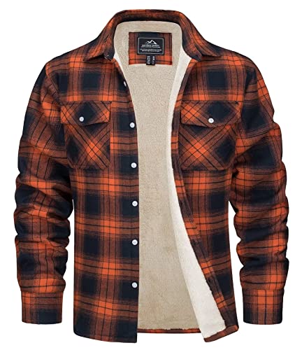 MAGCOMSEN Herren Thermohemd Warme Kariertes Hemd Gefüttert Plaid Jacke Baumwolle Holzfällerhemd Herren Flanell Winterjacke Lässig Outdoor Übergangsjacke mit Multi Taschen Orange L