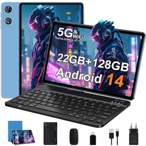 Tablet Android 14 Tablet 10 Zoll mit Octa-Core 2.0 GHz, 22GB RAM + 128GB ROM TF 1TB, 5G WiFi, Bluetooth 5.0, 8000mAh, Tablet Widevine L1, 5MP + 8MP, FHD, GPS, 2-in-1 Tablet mit Tastatur und Maus, Blue