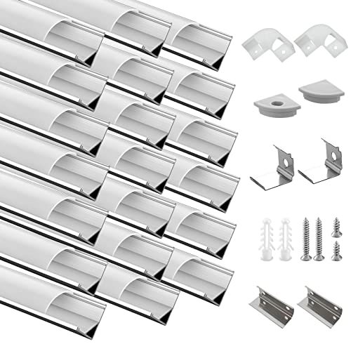 Efishine 20-PACK LED Profil Aluminium 20 x 1M, V-Form Aluminiumprofil mit milchiger Abdeckung, Endkappen, und Montageklammer für Streifen, sehr einfache Installation……