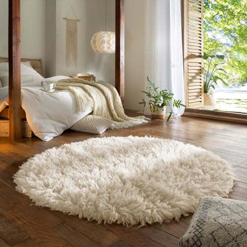 Taracarpet Teppich Wollteppich Flokati Diana aus Schurwolle, Schafwollteppich Hochflor Langflor fürs Wohnzimmer Schlafzimmer Esszimmer Weiss beige Creme 140 cm rund