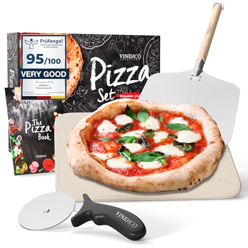 Pizzastein für Backofen & Gasgrill | Set mit Pizzaschieber Rezeptbuch Backstein & Pizzaschneider | Pizza Stein Set Steinplatte eckig Pizzaschaufel Grill Zubehör Brotbackstein Backofenstein Stone Kit