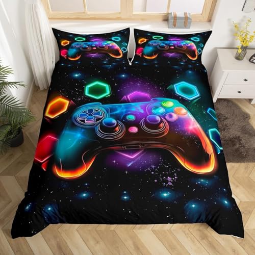 Homewish Gamer Bettwäsche 135x200 Kinder Gaming Bettwäsche-Set für Jungen Teenager,Farbe Gamepad Bettbezug Moderne Videospiele Geometrisches Sternenhimmel Gedruckt Neuheit Spielzimmer Dekor 2 Stücke
