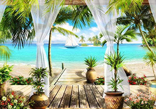 wandmotiv24 Fototapete Strandblick Meer Segelschiffe, XL 350 x 245 cm - 7 Teile, Wanddeko, Wandbild, Wandtapete, Sand, Meerblick, Entspannung M1098