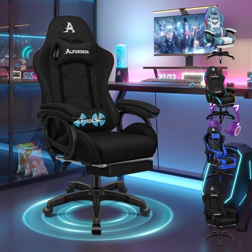 ALFORDSON Massage GamerStuhl, Computer Bürostuhl mit Fußstütze, 2-Punkt-Massage Stuhl 180kg Belastbarkeit, 90-150° Rückenlehne einstellbar Ergonomischer PC Stuhl, 360° drehbar, Leinenstoff, Schwarz